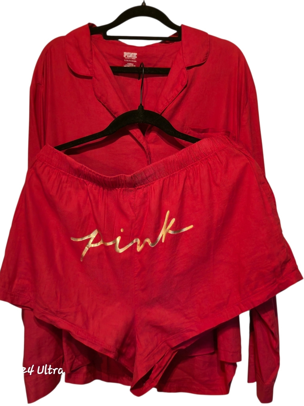 PINK Victoria's Secret Red Two-Piece Pajama Set with Gold Script